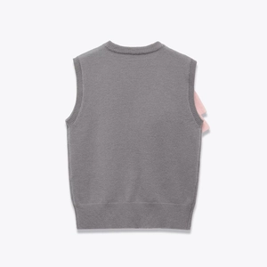 Grey knit vest for women with contrasting pink side bows on a clean white background