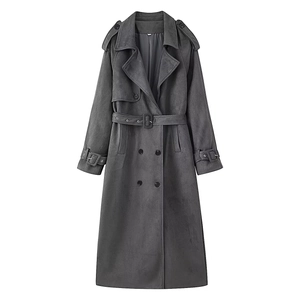 Classic dark grey double-breasted long coat with waist belt and suede-like texture