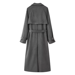 Rear view of long dark grey double-breasted coat with storm flap and waist belt