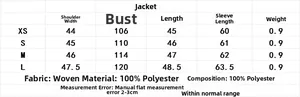 Detailed size chart for faux fur jacket showing dimensions in XS to L and 100% polyester