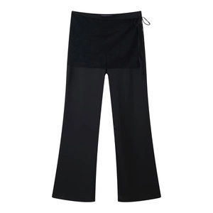 Women Black Satin Lace Wrap Wide Leg Pants High Waist Straight Trousers Elegant Patchwork Tie Waist Fashion Long Bottoms