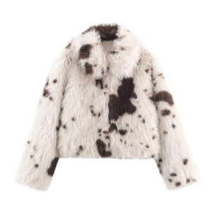 Veste en Fausse Fourrure pour Femmes Imprimé Vache Couleur Contrastée Court Décontracté Revers Manches Longues Manteau d'Hiver