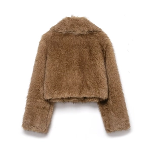 Back view of a short faux fur jacket in gradient light brown with a fluffy texture