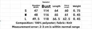 Detailed size chart for retro diamond knit cardigan including measurements for S, M, and L