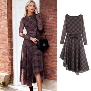 Women Plaid Mesh Long Sleeve Midi Dress Ruched High Waist Irregular Hem Elegant Commuter Western Style Fall Dress