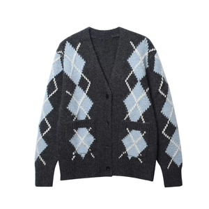 Classic dark grey argyle knit cardigan with V-neck, blue diamond pattern and front pockets