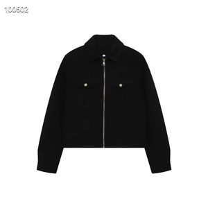 Minimalist black short jacket for women featuring a zip closure and dual flap pockets