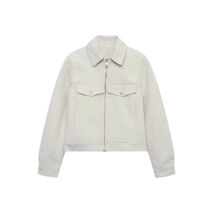 Women's off-white faux suede jacket with zipper and front cargo flap pockets