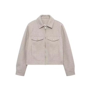 Minimalist short zip-up jacket in oatmeal wool-blend with front flap pockets on white back