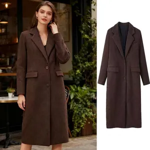 Elegant long dark brown wool coat with lapel collar and straight silhouette for women
