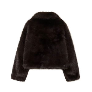 Short faux fur coat for women in dark brown with a plush texture and wide collar back view