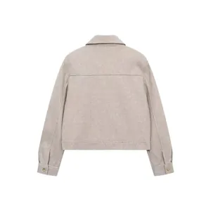 Oatmeal beige short wool jacket for women with gold buttons and a spread collar design