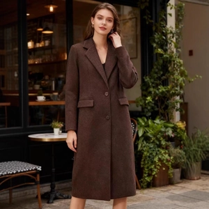 Classic dark brown long wool blend coat with notch lapel and flap pockets for autumn