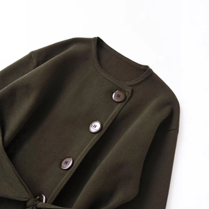 Deep olive green knit cardigan for women featuring a round neck and large brown buttons