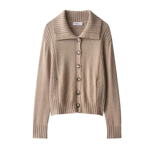 Women's camel rib-knit cardigan with large lapels and dark buttons on white background