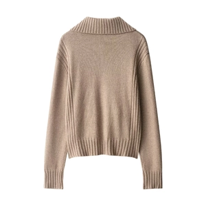 Back view of oat beige chunky knit cardigan with high neck and ribbed trims