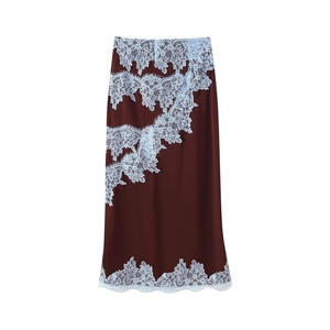 Elegant wine red satin midi skirt with light blue eyelash lace patchwork details