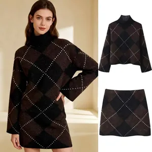 Women Vintage Argyle Knitted Top And Bottom Set Mock Neck Long Sleeve Sweater With High Waist Bodycon Mini Skirt Outfits