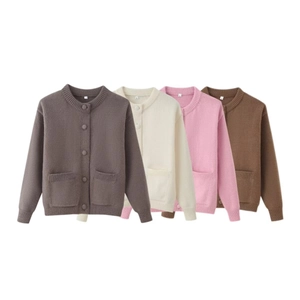 Gilet en Tricot Décontracté pour Femmes Col Rond Couleur Unie Avec Poches Manches Longues Pull Doux Automne Mode