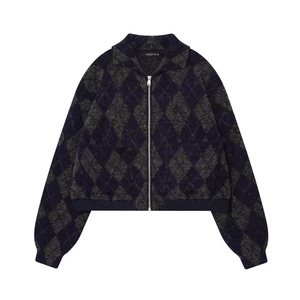 Women's diamond lattice knitted cardigan with zipper closure and classic lapel collar