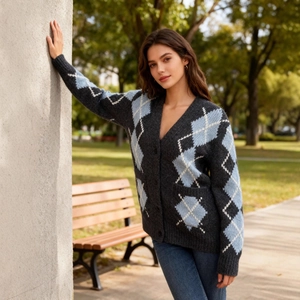 Classic dark grey V-neck knit cardigan with blue and white argyle pattern and buttons