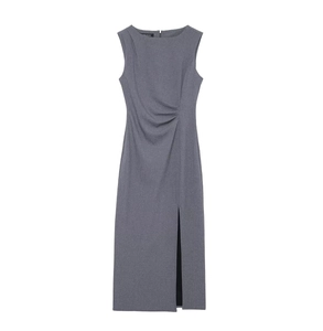 Detail of grey sleeveless midi dress showing side ruching and front slit hem design