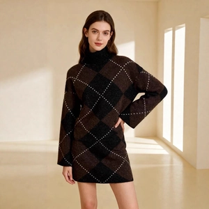 Women's turtleneck knit sweater and diamond plaid mini skirt set in dark coffee tone