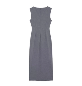 Slim fit grey sleeveless midi dress showing detailed back view with hidden zipper