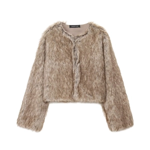 Women Elegant Faux Fur Short Jacket Round Neck Long Sleeve Warm Plush Street Style Winter Outwear Coat For Ladies Gift