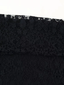 Close-up of elegant black floral lace fabric with intricate mesh patterns for dresses