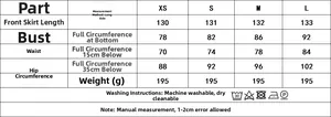 Size guide for lace trim satin dress with length, bust, waist and hip measurements