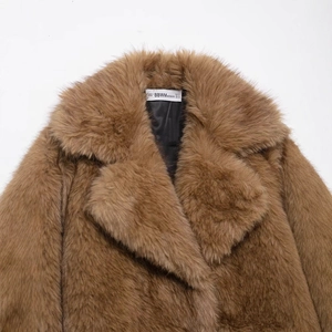 Short faux fur coat in dark brown with broad collar and soft plush texture