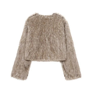Back view of a women's faux fur short jacket in brownish grey with fluffy texture