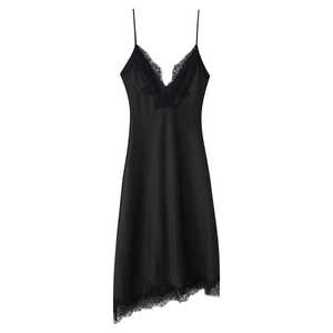 Women Elegant Black Satin Slip Dress Lace Trim V-Neck Spaghetti Strap Asymmetric Hem Sleeveless Midi Party Dress