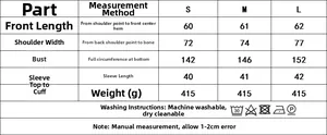 Size guide for women's printed kimono jacket featuring bust and shoulder measurements