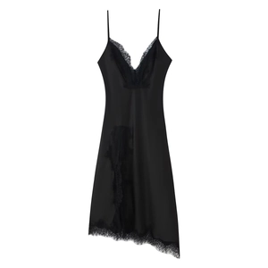 Black satin slip dress with deep V-neck lace trim and asymmetric hem design