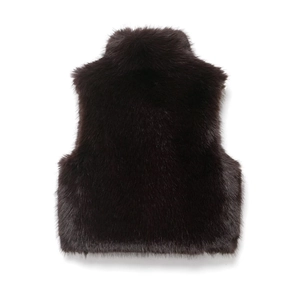 Detailed back view of dark brown faux fur vest with long plush texture and high collar