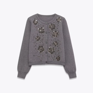 Women Elegant Knit Cardigan Long Sleeve Round Neck Gray Hand Beaded Sequin Flower Single Breasted Sweater Top