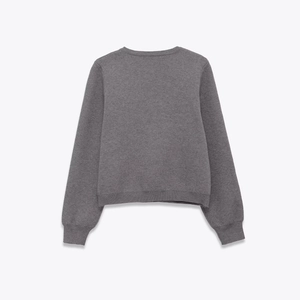 Dark grey hand-beaded knit cardigan featuring long sleeves and minimalist back view