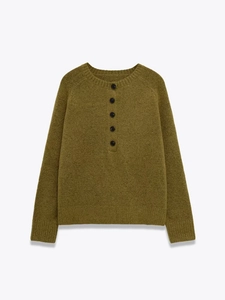 Close-up of olive green knit sweater featuring buttoned neckline and ribbed texture