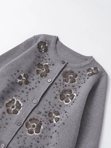 Detailed view of hand-beaded flower patterns and sequins on a grey knitted cardigan