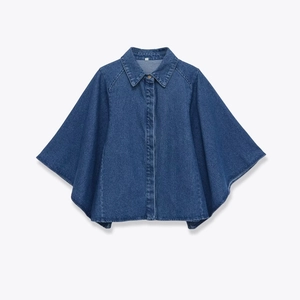 Women Casual Solid Blue Denim Style Cape Shirt Poncho Loose Batwing Sleeve Blouse Lapel Button Up Top Fashion Clothing