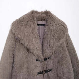 Faux fur short coat in dark grey featuring wide lapels and leather buckle closures