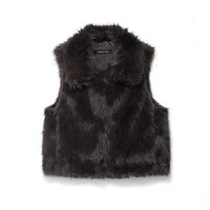 Detail of faux fur vest featuring wide lapels and premium smooth inner lining
