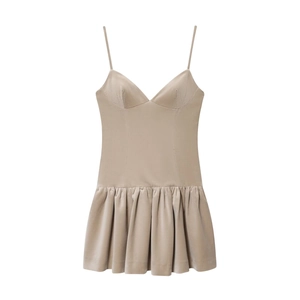 Robe Courte Élégante en Velours à Bretelles Spaghetti Sexy Col en V Ourlet à Volants Couleur Unie Khaki Robe de Soirée Femme