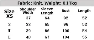 Detailed size chart for diamond knit cardigan showing measurements for XS to L sizes