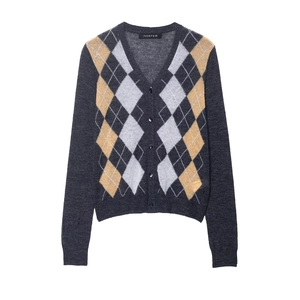 Women Vintage Argyle Knitted Cardigan V Neck Button Up Long Sleeve Deep Grey Plaid Sweater Casual Fall Winter Streetwear Top