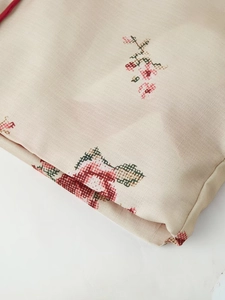 Macro detail of floral print fabric on kimono jacket showing texture and stitching