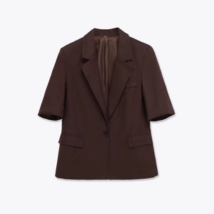 Short sleeve dark brown linen blend blazer jacket with notch lapel and single button