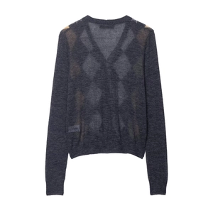 Classic dark grey V-neck argyle cardigan with retro brown diamond knit pattern on back